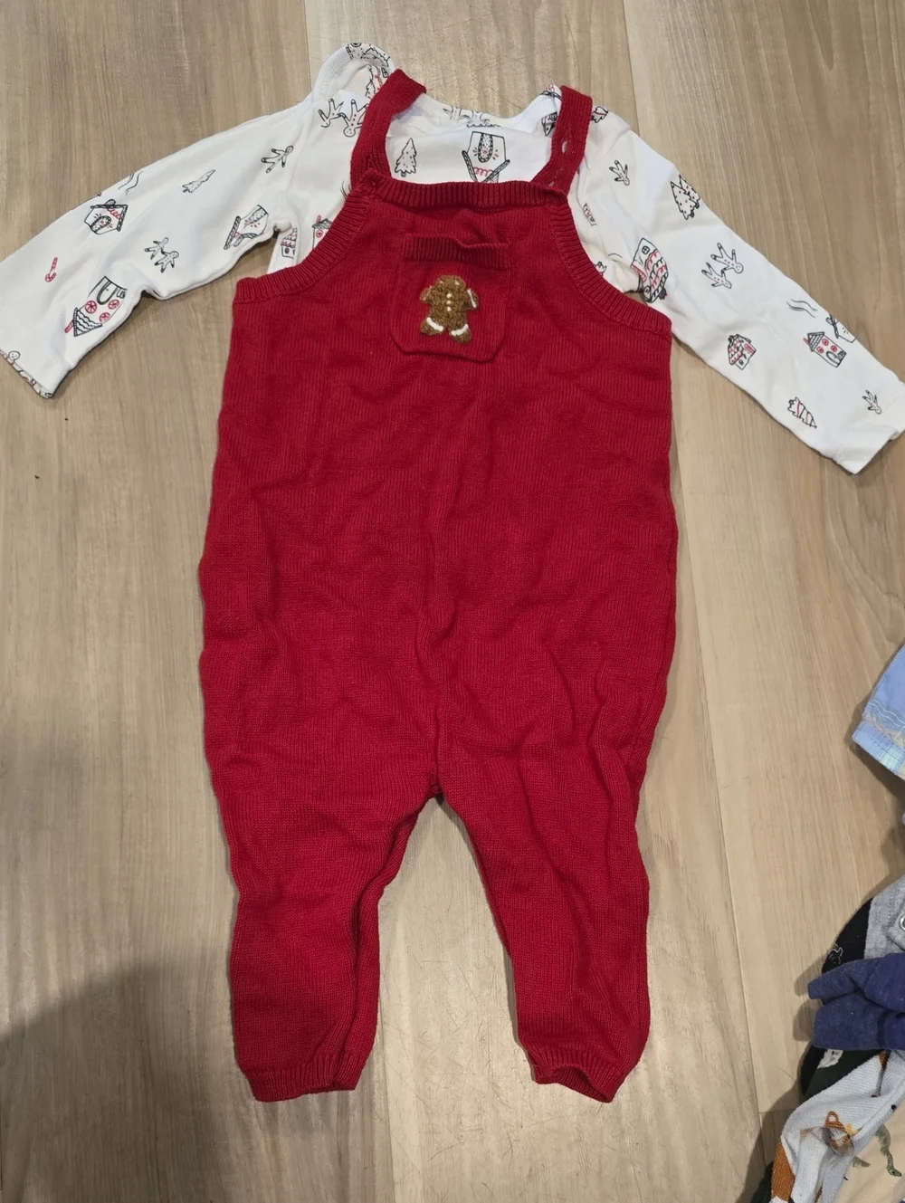 Red Knit Holiday Christmas Romper Pinafore with Gingerbread Pocket